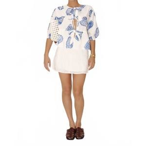 NEW BAILEY ROSE seashell pattern blouse with bows in white/blue